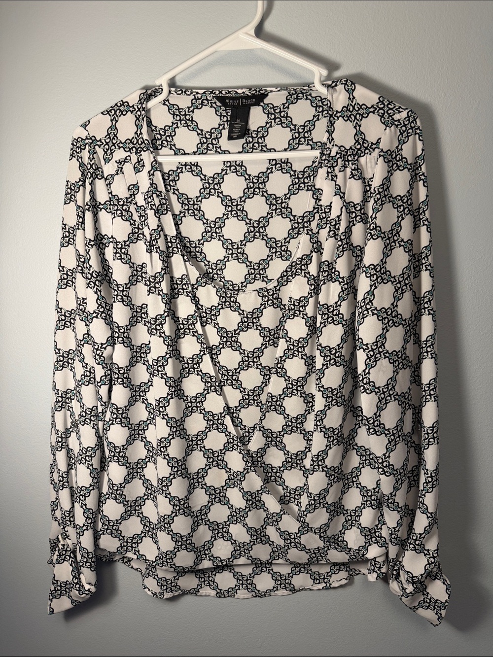 White House Black Market Black & White Geometric Wrap-Style Blouse